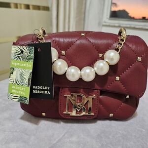 Badgley Mischka Burgundy Quilted Bag with Pearl Handler